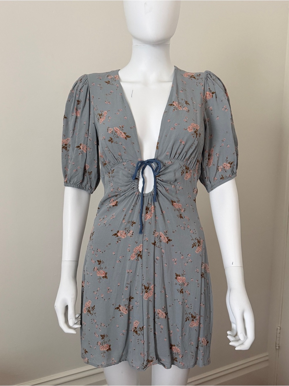 Reformation Dusty Blue Floral Tie-Front Mini Dress